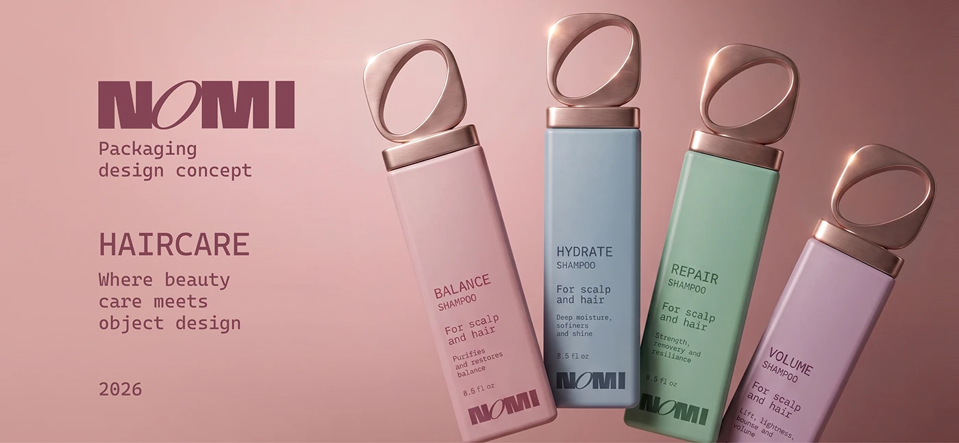 NOMI haircare packaging concept featuring pastel shampoo bottles with sculptural rose-gold loop caps and minimalist typography.