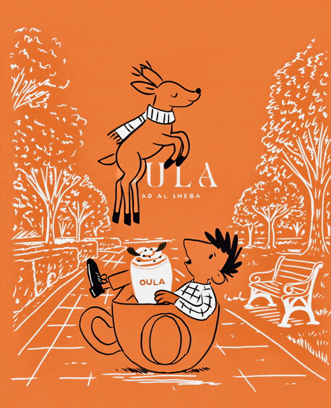 Animated OULA illustration of a character sitting inside a coffee cup while a reindeer floats above for the Dubai seasonal pop-up branding.