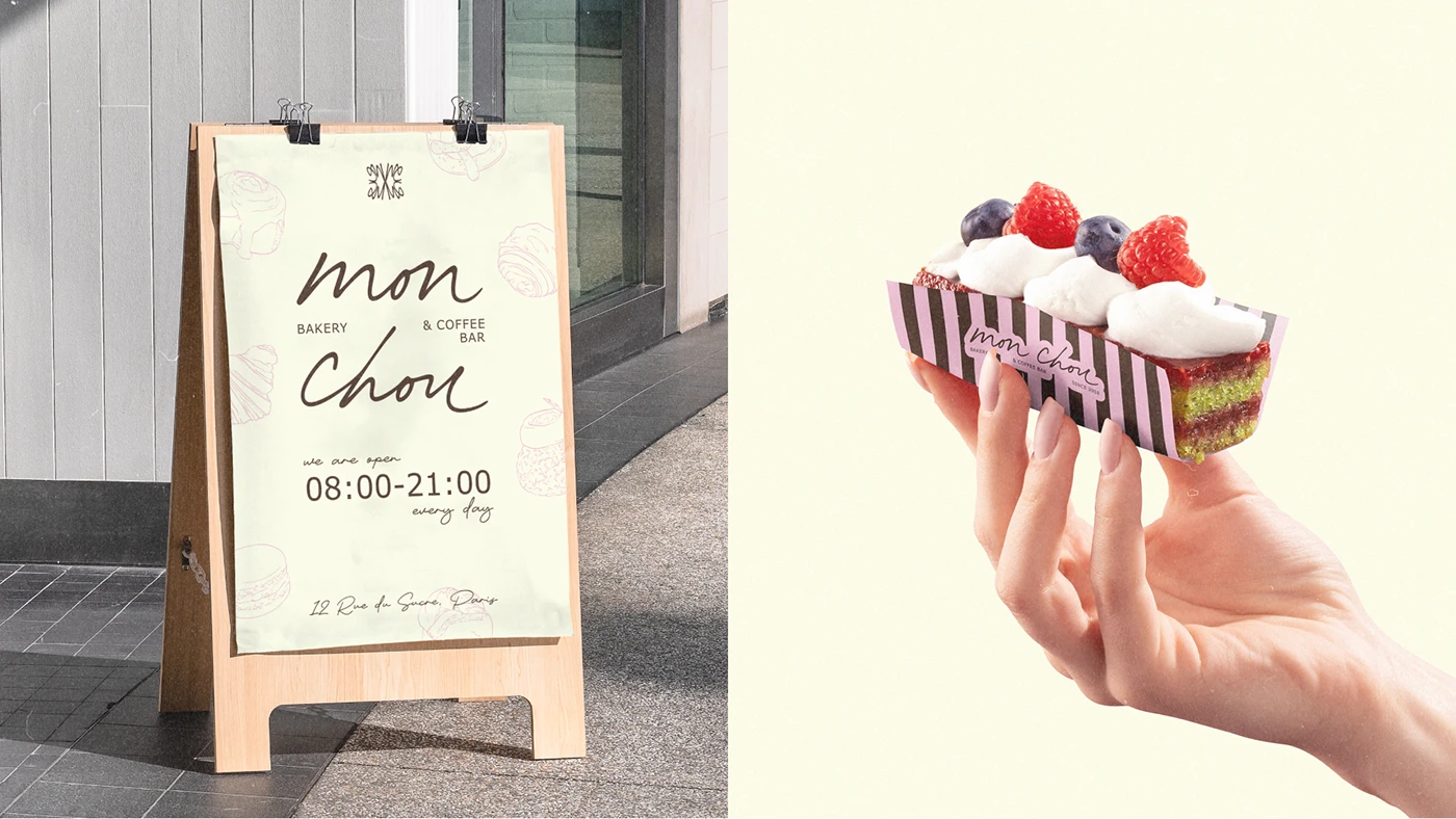 Mon Chou sidewalk sign displaying the bakery’s operating hours next to a hand holding a striped pastry tray topped with whipped cream, raspberries, and blueberries, showcasing the brand’s pastel packaging.
