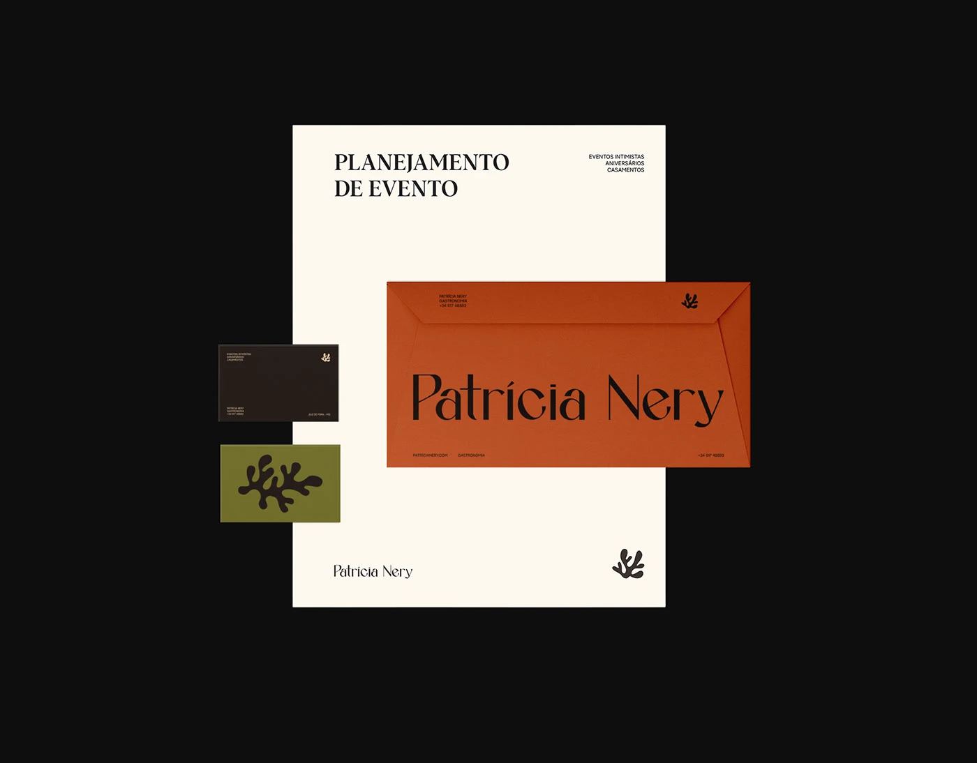 Patrícia Nery culinary chef brand identity stationery design featuring event planning document, orange envelope with editorial typography, and business cards with organic shape motifs.