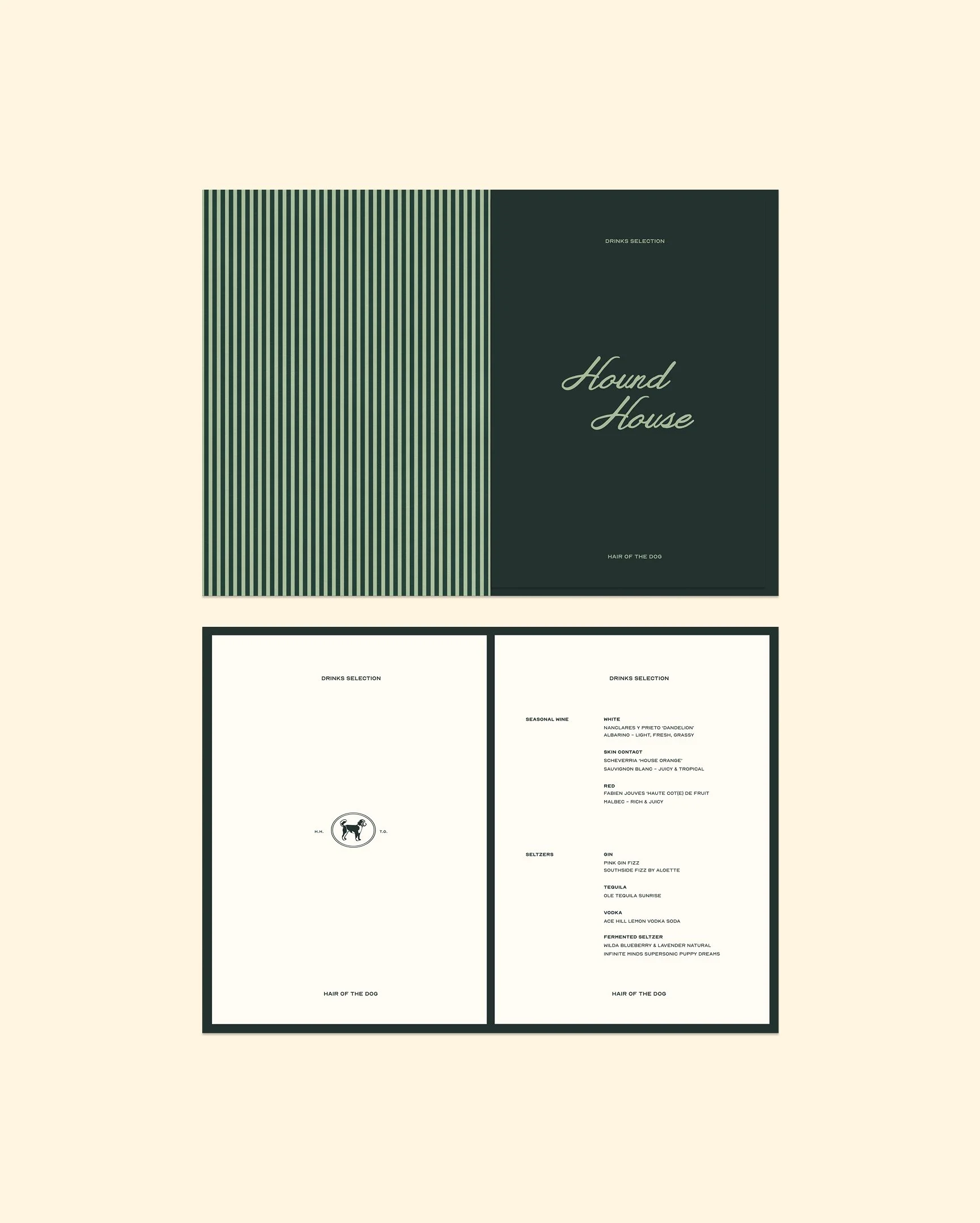 Hound House drinks menu layout featuring striped patterns, script logo, and minimal typography, showcasing menu design as part of a pet hospitality brand identity system.
