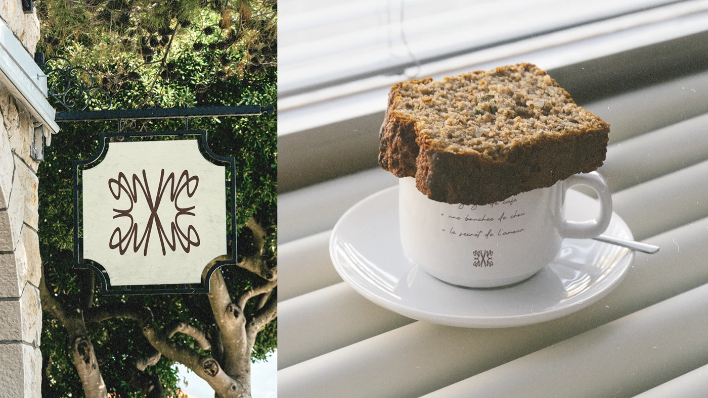 Mon Chou’s illustrated monogram sign hanging outside the bakery next to a styled shot of a coffee cup topped with a slice of bread, highlighting the brand’s warm, handcrafted aesthetic.