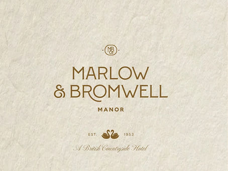 Marlow & Bromwell Manor heritage hotel logo and brand identity on textured paper, featuring custom monogram, gold serif typography, establishment year, and swan emblem