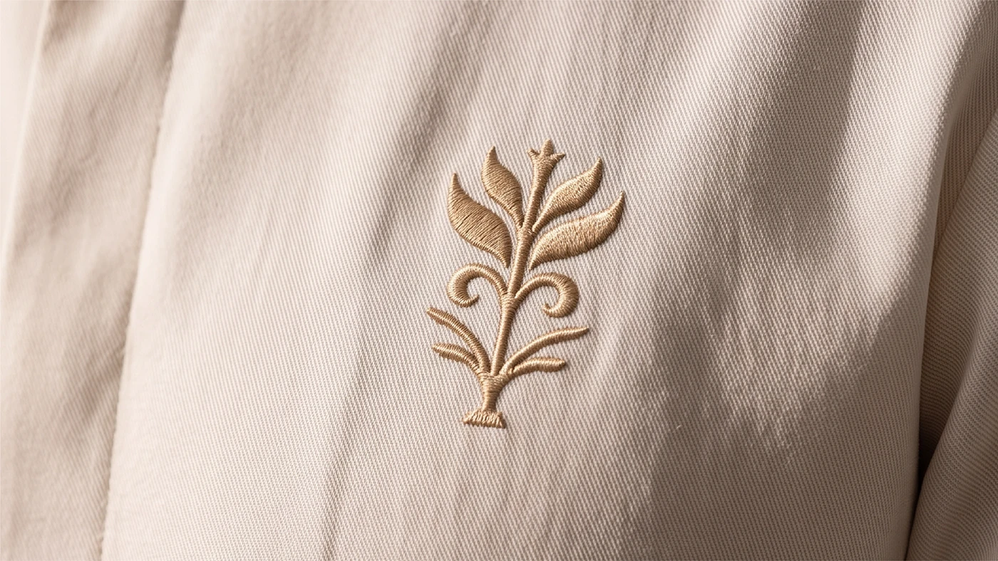 NULA botanical brand emblem embroidered in warm beige thread on cream fabric, extending the visual identity into a tactile branded detail.