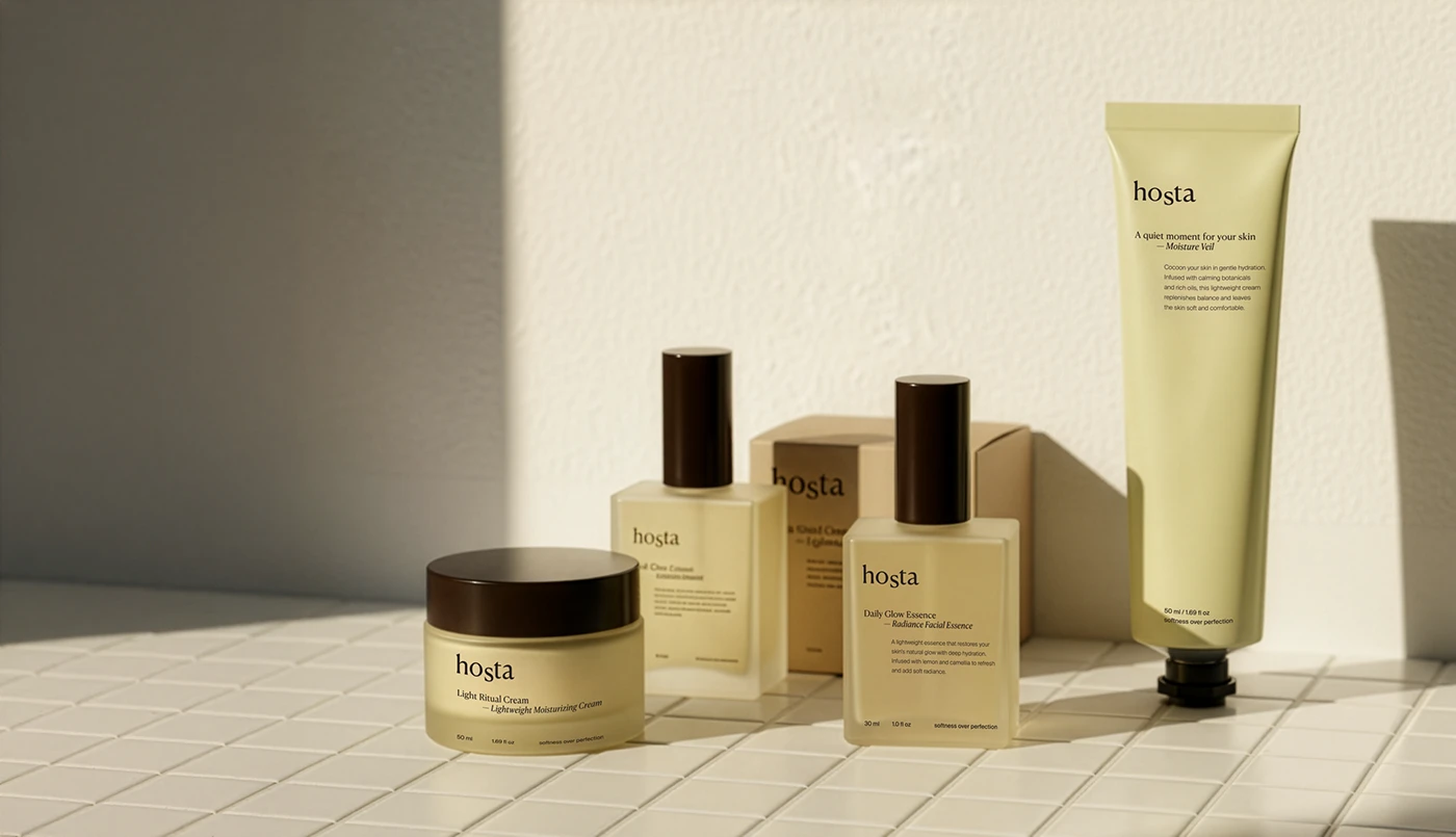 Hosta skincare packaging design featuring olive-toned moisturizing cream jar, daily glow essence bottles, and tall moisturizer tube arranged on tiled surface with structured carton boxes in clean beauty brand identity by Anastasiia Mironova.