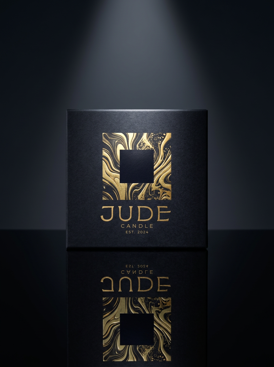 Front view of JUDE luxury candle packaging box featuring a matte black finish with a square gold foil marble motif and high-end serif logo, shown with a dramatic reflection.
