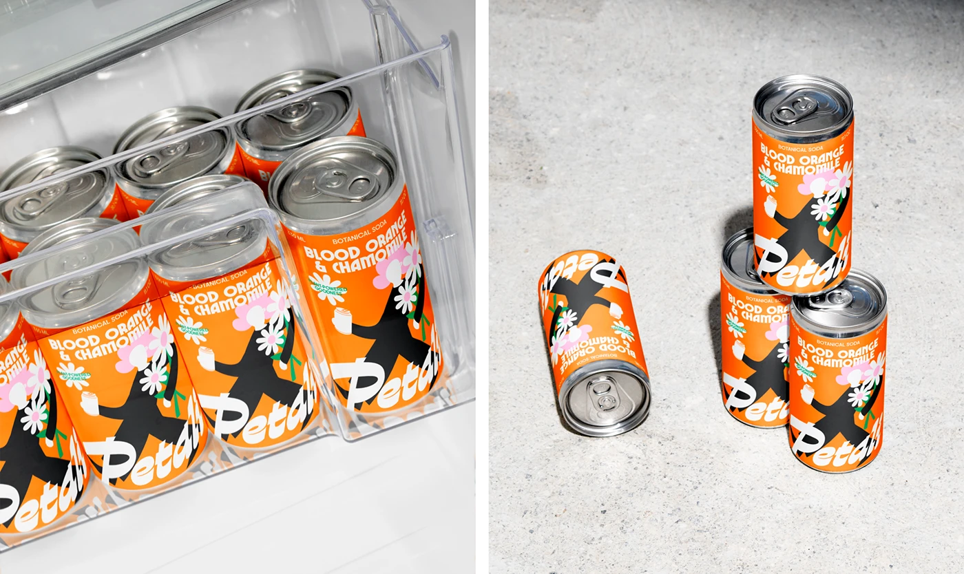 Petali Soda cans arranged in a refrigerator and on a concrete surface—modern beverage branding highlighting bold orange color, groovy logo design, and floral artwork.