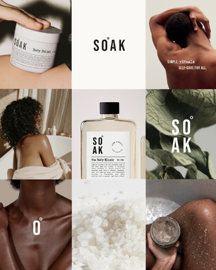 Soak brand moodboard featuring skincare products, body care lifestyle photography, natural textures, salt, leaves, and minimalist logo applications.