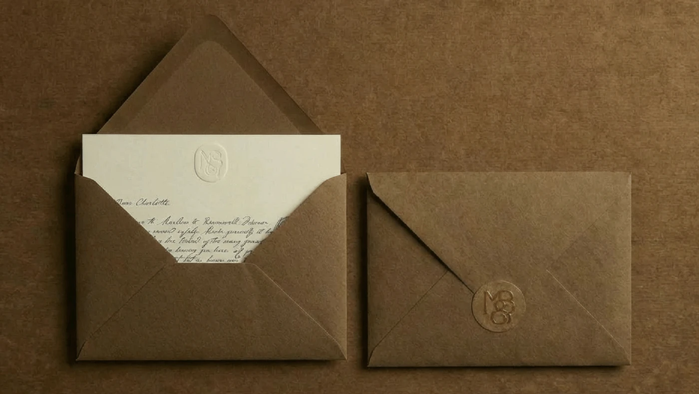 Marlow & Bromwell Manor branded stationery showing open brown envelope with handwritten letter, embossed wax seal monogram, and closed envelope with gold wax seal on textured background