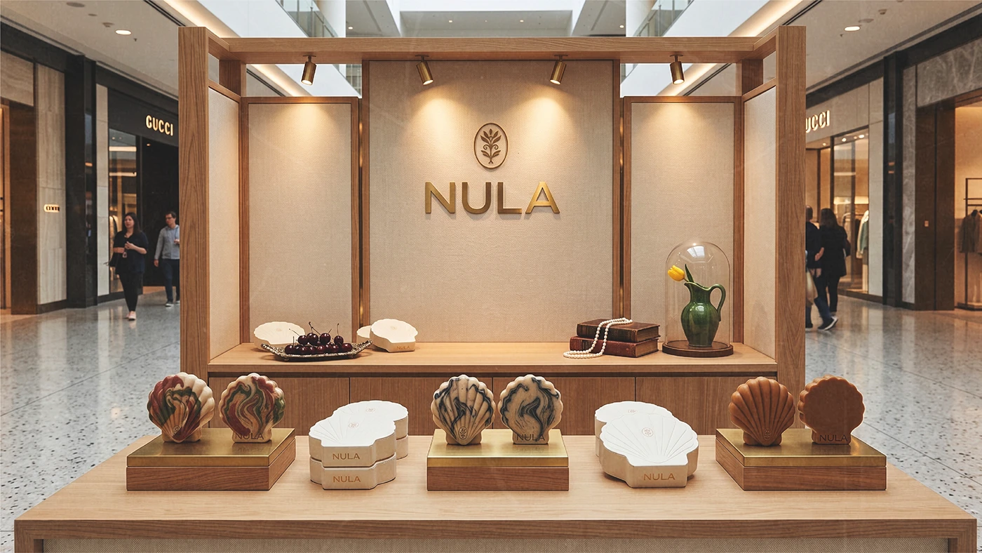 NULA retail display featuring sculptural shell-shaped soaps, cream packaging, natural wood fixtures, and the brand’s minimalist wordmark and botanical emblem.