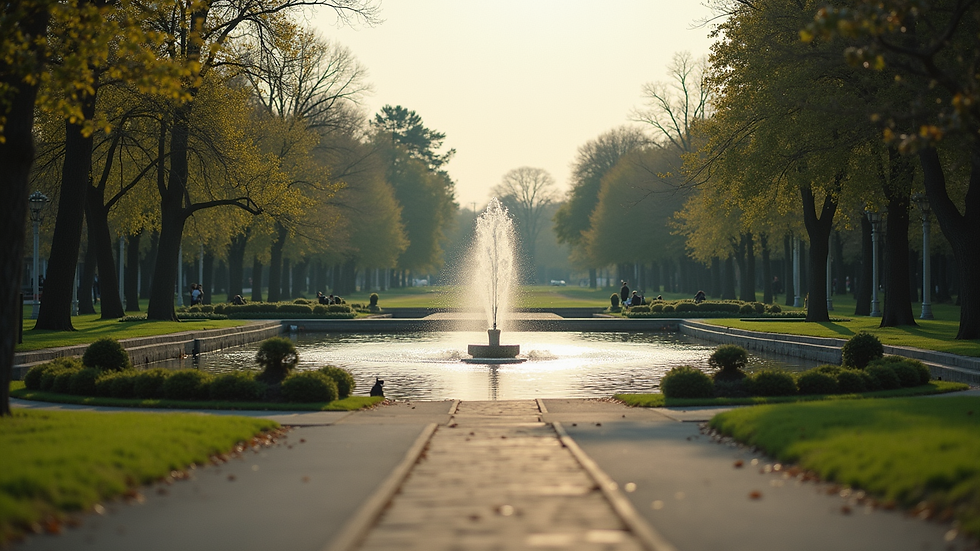 Eye-level view of a serene park with a fountain