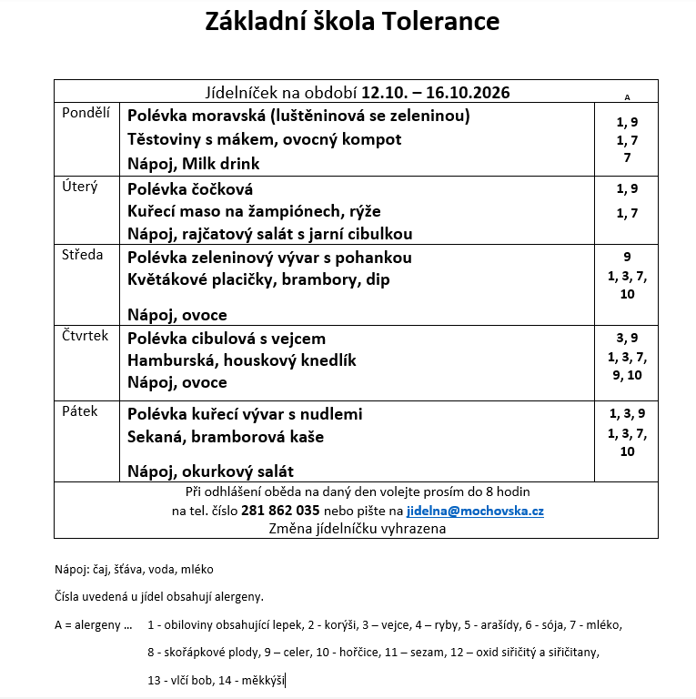 Jídelníček na období 12. 10. - 16. 10. 2026