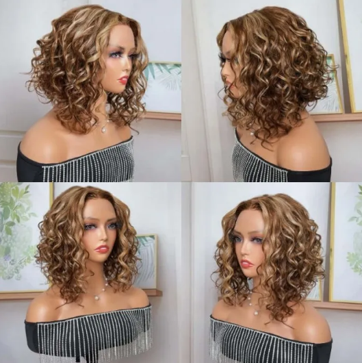 Thumbnail: Curly Honey Blonde Bob 13X5X0.5 Lace T-Part Closure