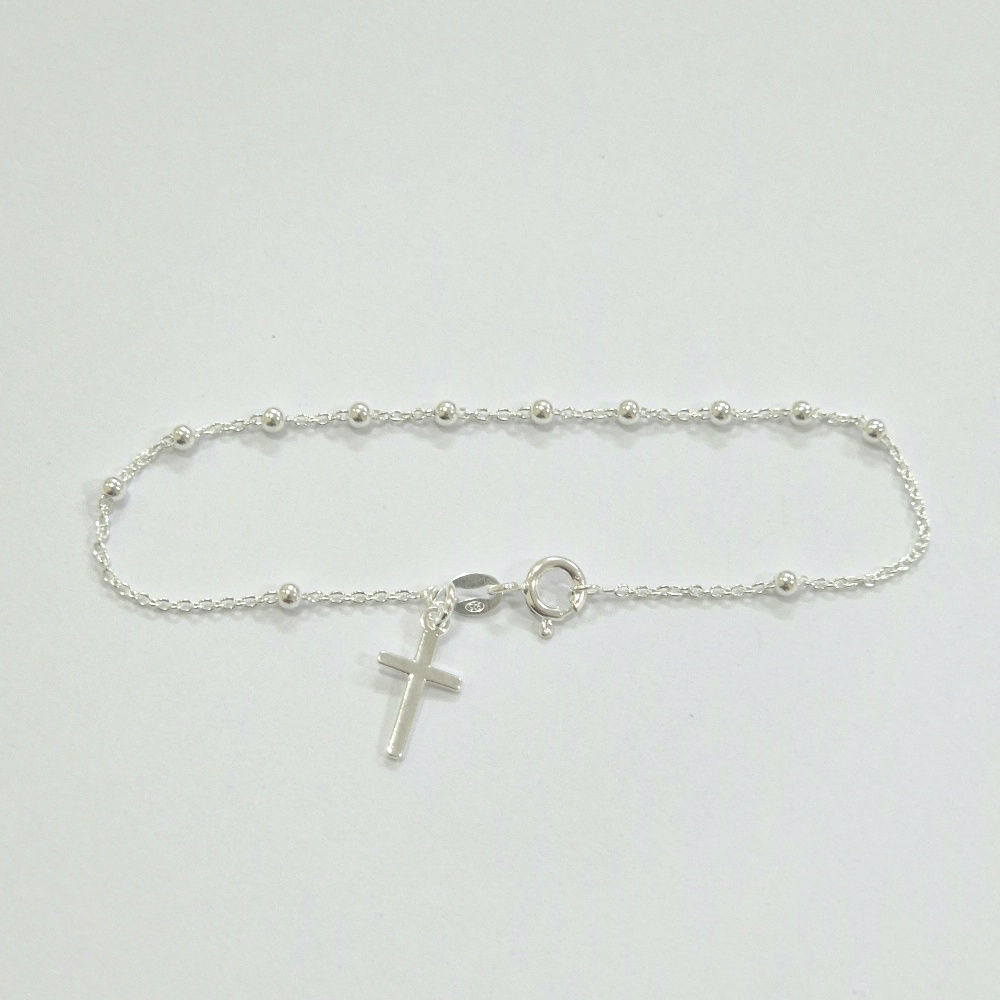 5PL2140 - Pulseira terço 12 bolinhas 2,5mm na corrente cadeado e cruz 8x13mm