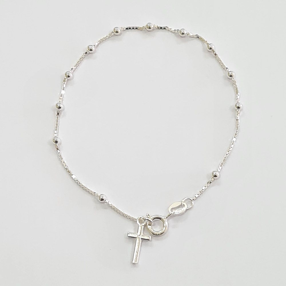 3PL0195 - Pulseira terço V15 com bolinhas 2,5mm e cruz lisa