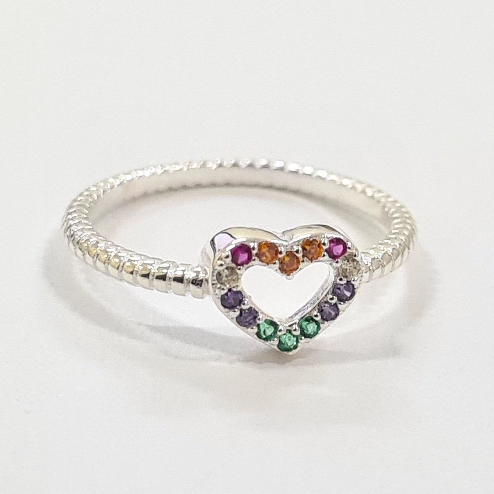 5AN1175 - Anel coração 7x8mm com zircônias coloridas no aro torcido