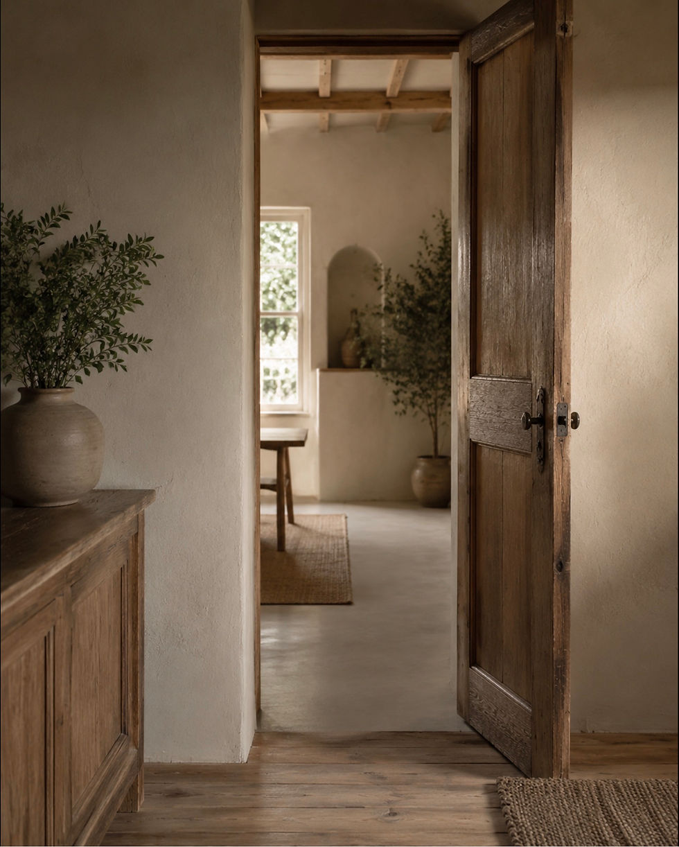 Open wooden door into a calm beige room with potted plants, rustic beams, and soft natural light.