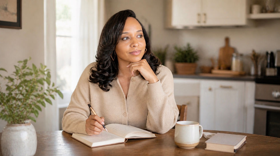 Dr. Amirah journaling at a kitchen table in a warm home setting, reflecting on mental wellness and everyday inner care.