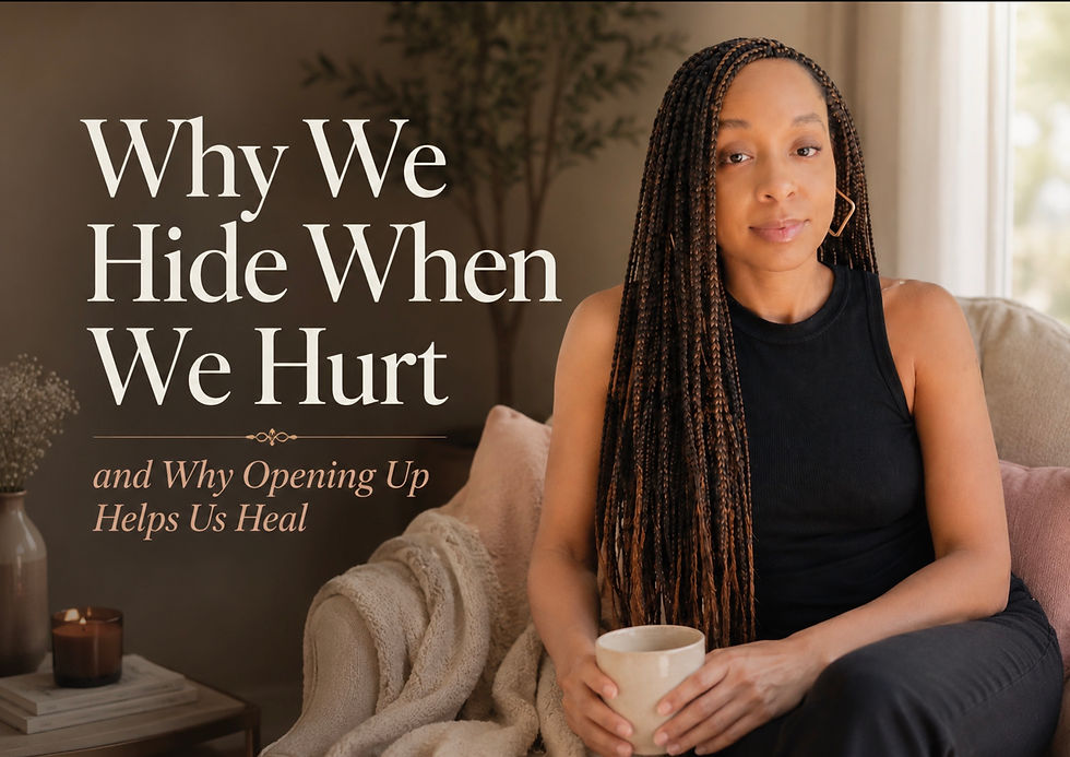 Black woman with long braids sitting indoors holding a mug in a calm, softly lit space, with the title “Why We Hide When We Hurt and Why Opening Up Helps Us Heal” overlaid on the image.