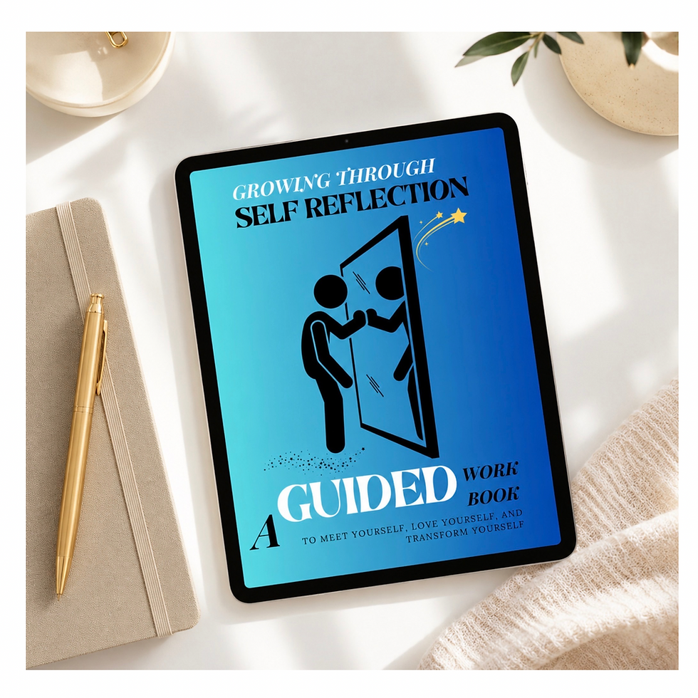 Growing Through Self Reflection digital workbook displayed on a tablet in a calm workspace with a notebook and plant.