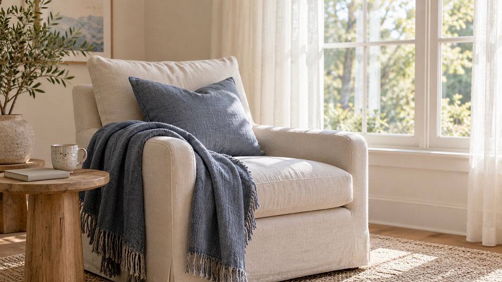 Cozy beige armchair with blue pillow and throw beside wooden table, in a sunlit room with sheer curtains and potted plant.