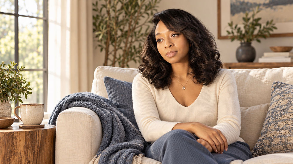 Woman sitting on a cream sofa in a sunlit living room, wrapped in a blue blanket, looking thoughtful beside a mug and plants.