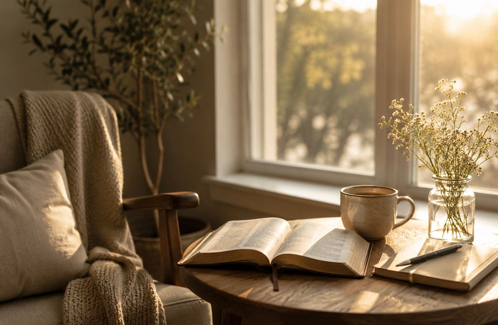 Sunlit cozy reading nook with an open book, mug, notebook, pen, blanket-draped chair, and flowers by the window