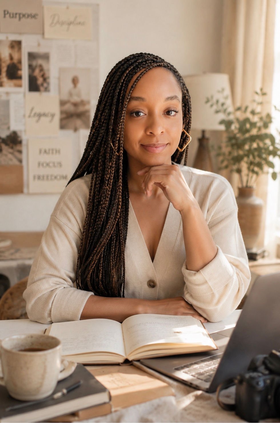 Dr. Amirah B. Abdullah with long braids sits at a desk with an open notebook and laptop, in a warm home office with wall quotes like Purpose and Legacy.