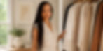 Woman with long braids browses a beige clothing rack in a bright closet, calm and thoughtful, with soft neutral decor.