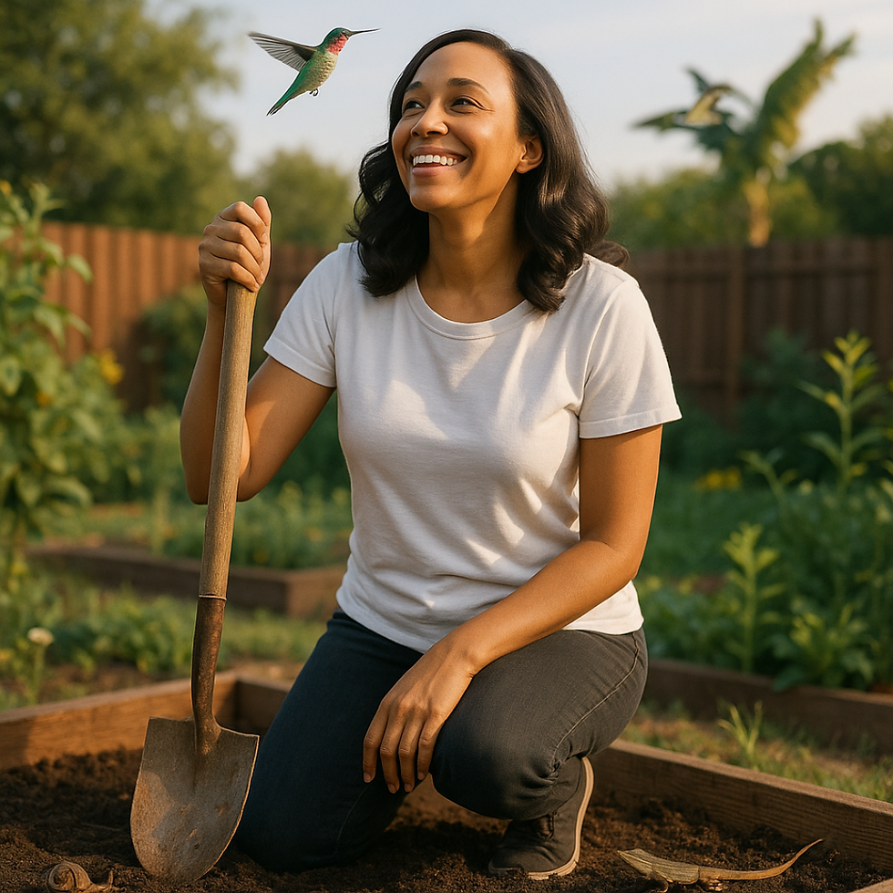 A joyful Black woman stands in her garden at sunrise, holding a shovel as a hummingbird hovers nearby, a lizard scurries across the soil, and a snail rests in the garden bed—capturing a moment of sacred connection with nature and divine presence.