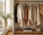 Neutral-toned clothes on a closet rail by a sunlit window, with shoes, books, vase, and hat; cozy, stylish mood, LIVE BEAUTIFULLY text