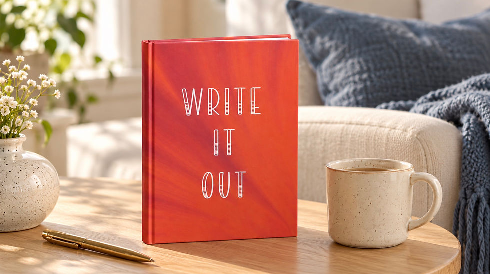 Red notebook reading WRITE IT OUT on a sunlit table with a mug, pen, flowers, and a cozy couch with blue blanket وراء? Need English only. Remove weird.