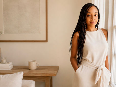 Dr. Amirah B. Abdullah standing thoughtfully in a warm, light-filled space, reflecting on identity, growth, and authenticity.