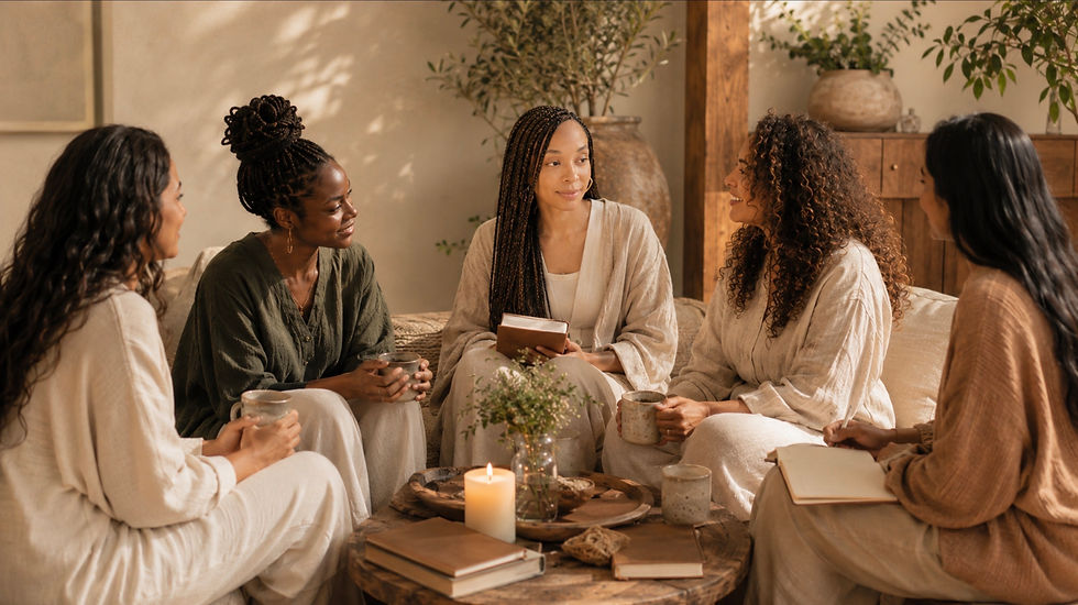 A small circle of women gathered in a cozy sunlit room with journals, tea, candlelight, and warm natural textures.