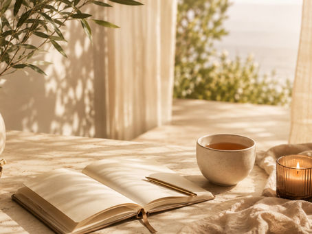 Open journal, candle, and tea in warm natural light representing language for the inner life and self-led reflection.