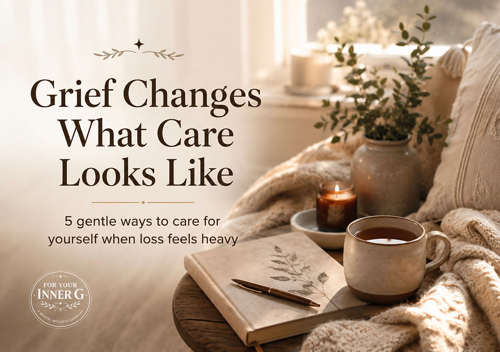 Cozy lifestyle image with a mug, journal, candle, soft blankets, and the title “Grief Changes What Care Looks Like” in warm neutral tones.