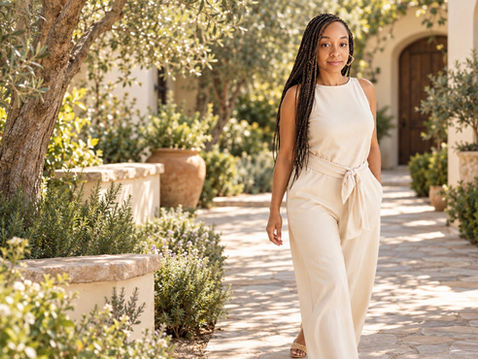 Woman in a cream jumpsuit walks down a sunlit garden path beside a villa, with trees, potted plants, and a calm smile.