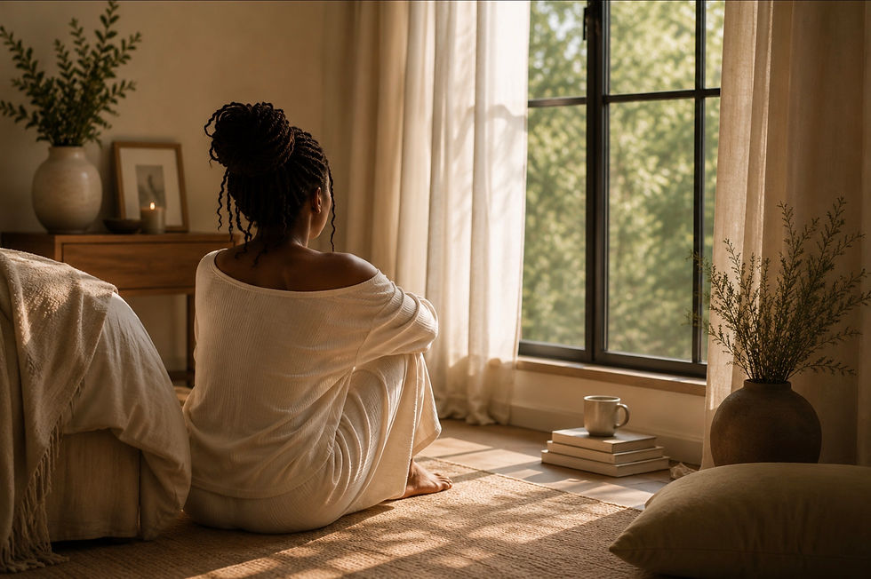 Woman in white loungewear sits by a sunlit window in a cozy beige bedroom, looking outside.