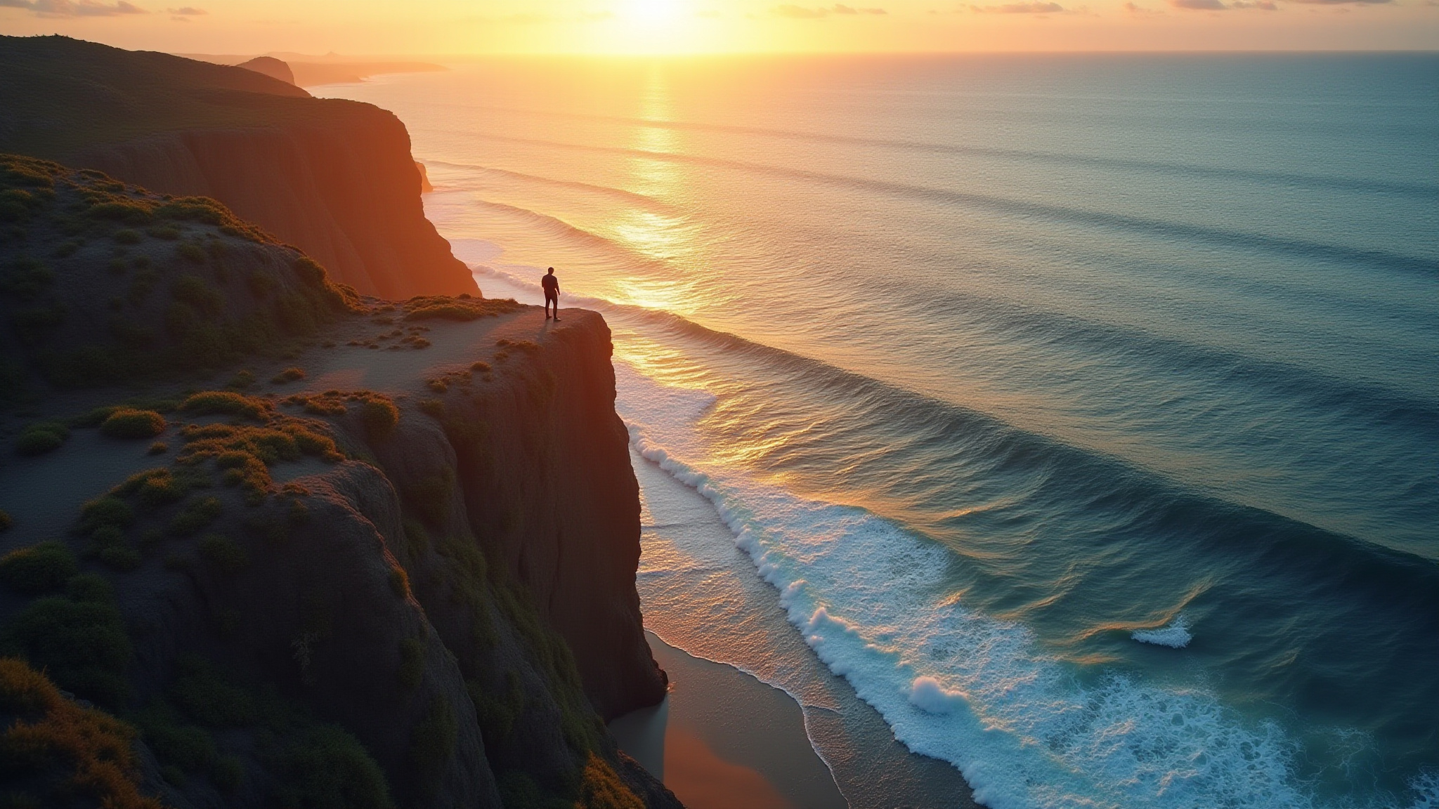 Sunset view of the ocean by cliffs