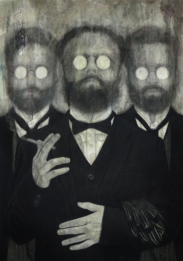 A charcoal and digital illustration of three suited men wearing opaque glasses.