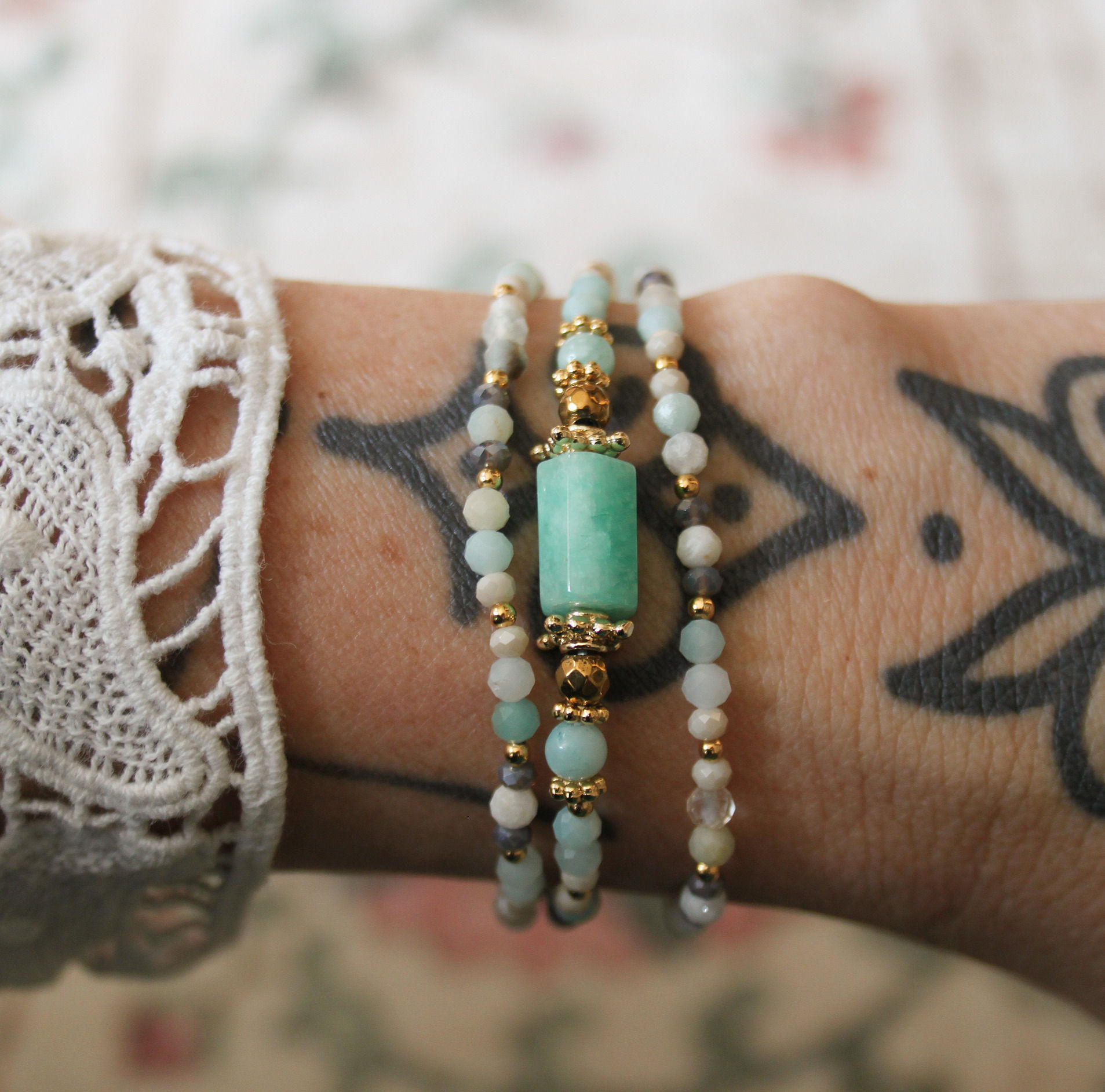 collier ou bracelet 3 tours amazonite