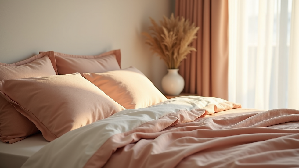 Eye-level view of a serene bedroom with soft pillows and warm colors