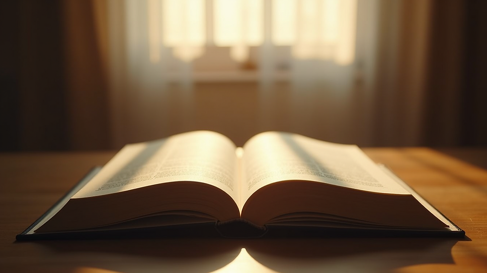 Eye-level view of an open book with a softly lit background