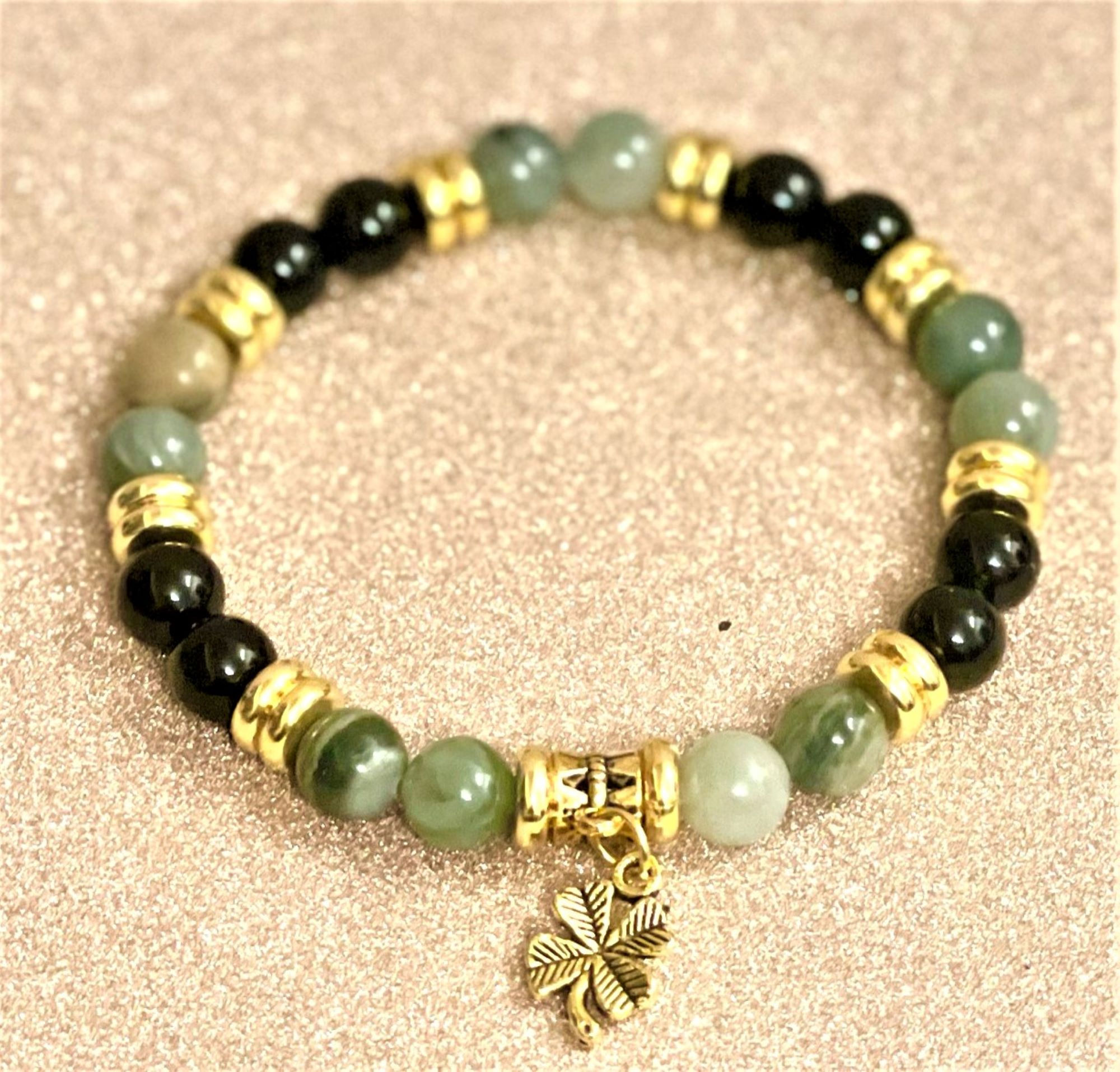 8 mm Green Aventurine w/ Black Onyx Gemstone Beaded Bracelet