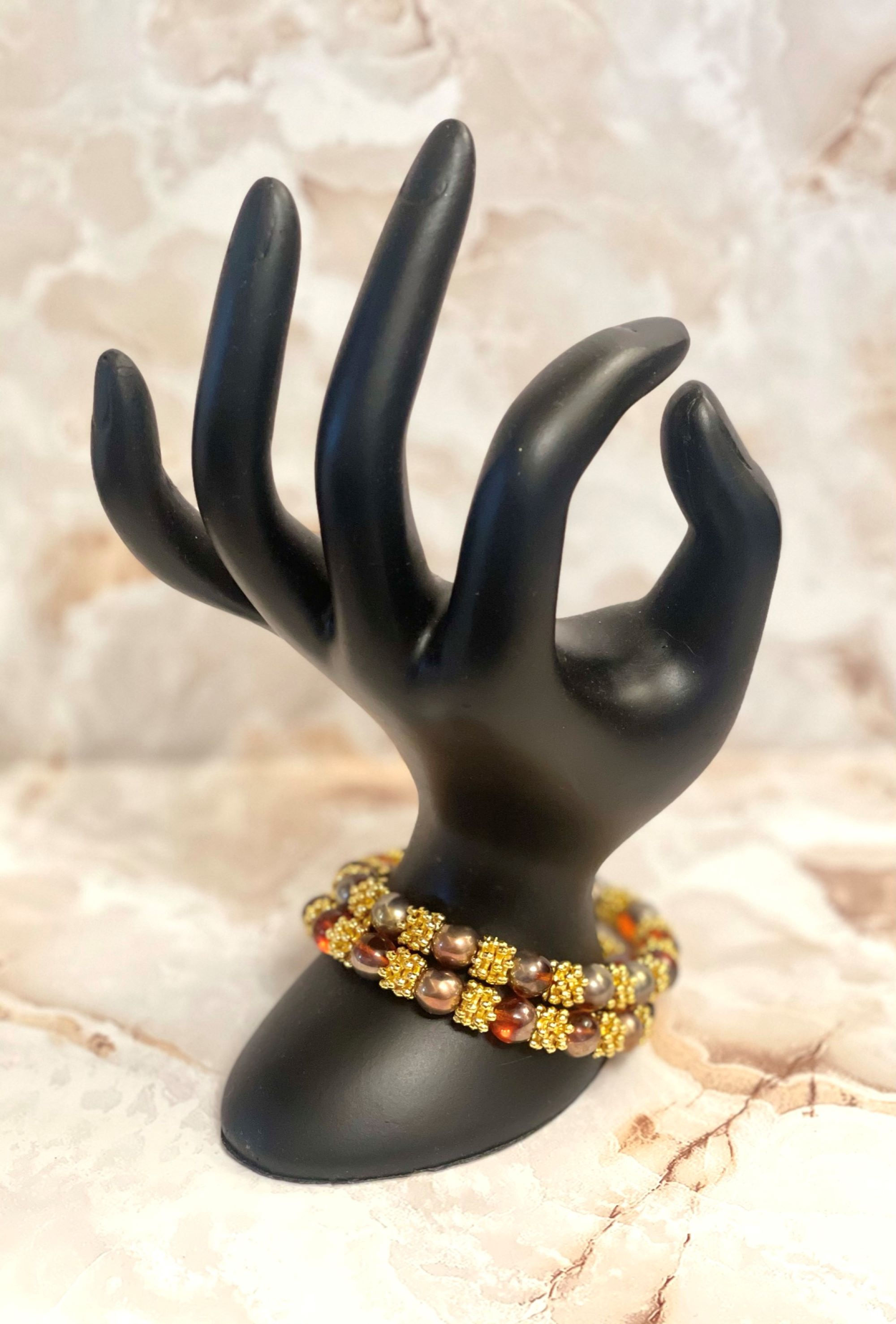 Set of 2 - 8 mm Reddish Topaz Capri Gold Czech Glass Beaded Bracelet