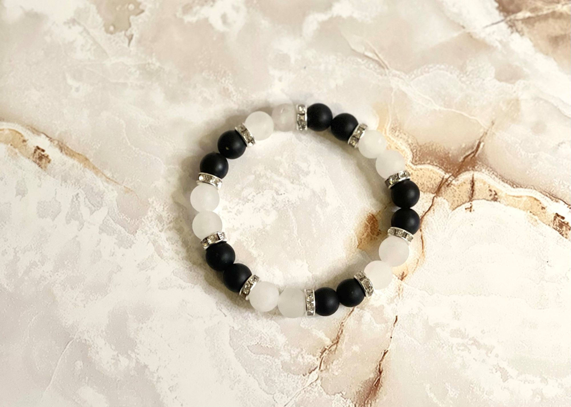 8 mm Matte Black Onyx w/ White Matte Jade Gemstone Beaded Bracelet