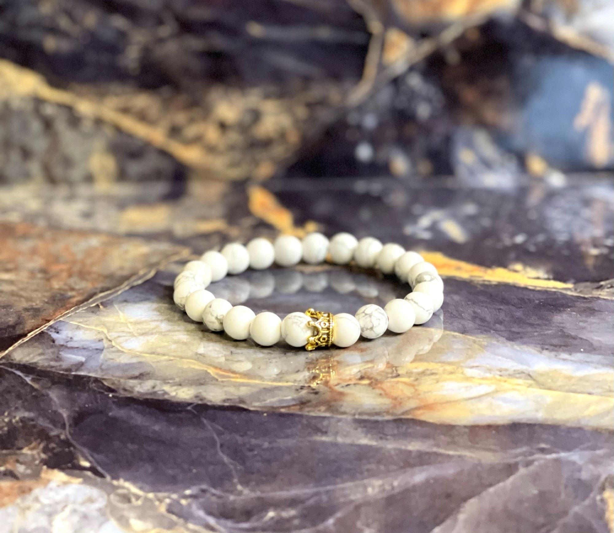 8 mm White Howlite Bracelet w/ Gold Crown Charm