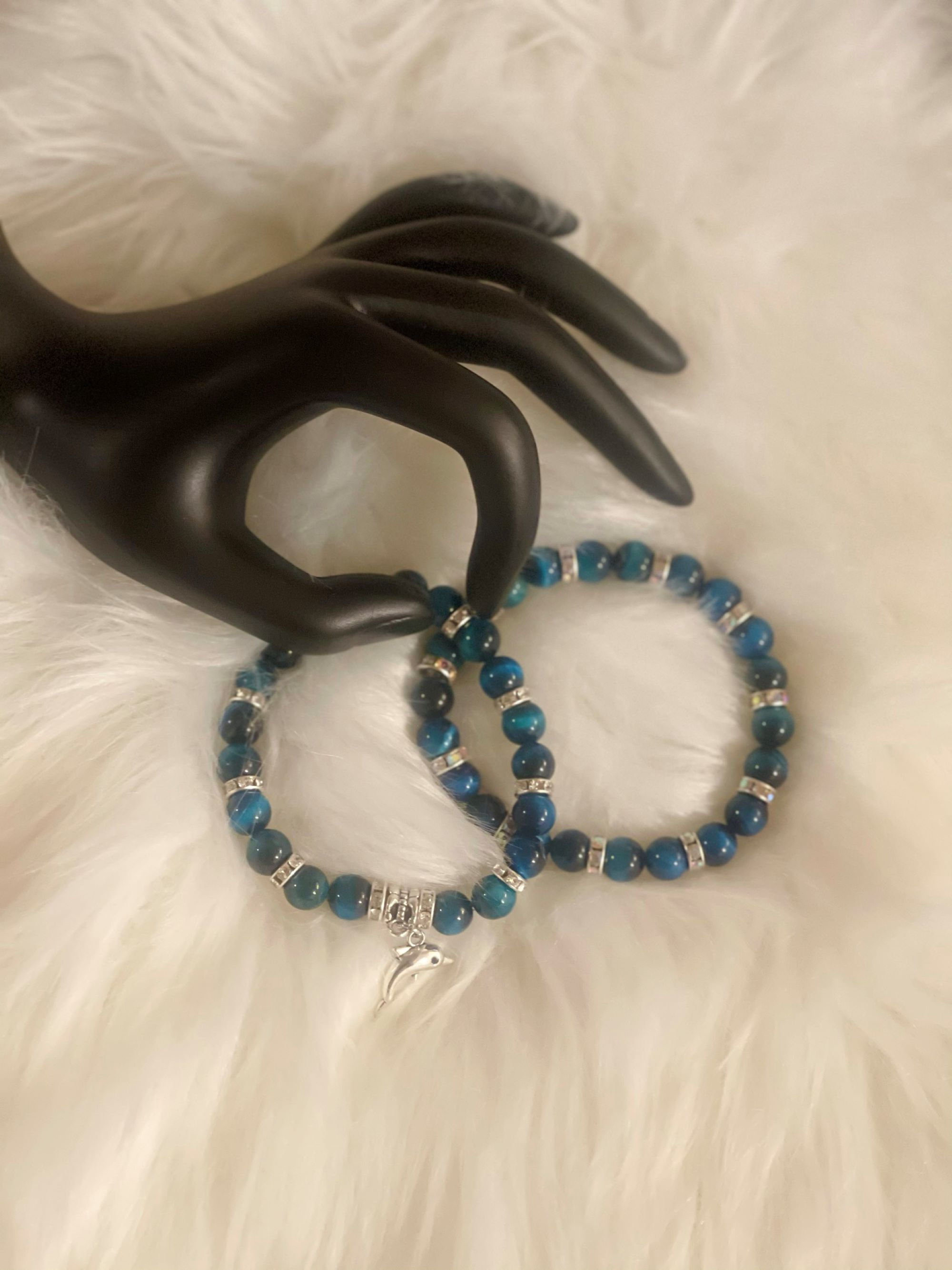 Set of 2 - 8 mm Blue Green Tiger Beaded Bracelet