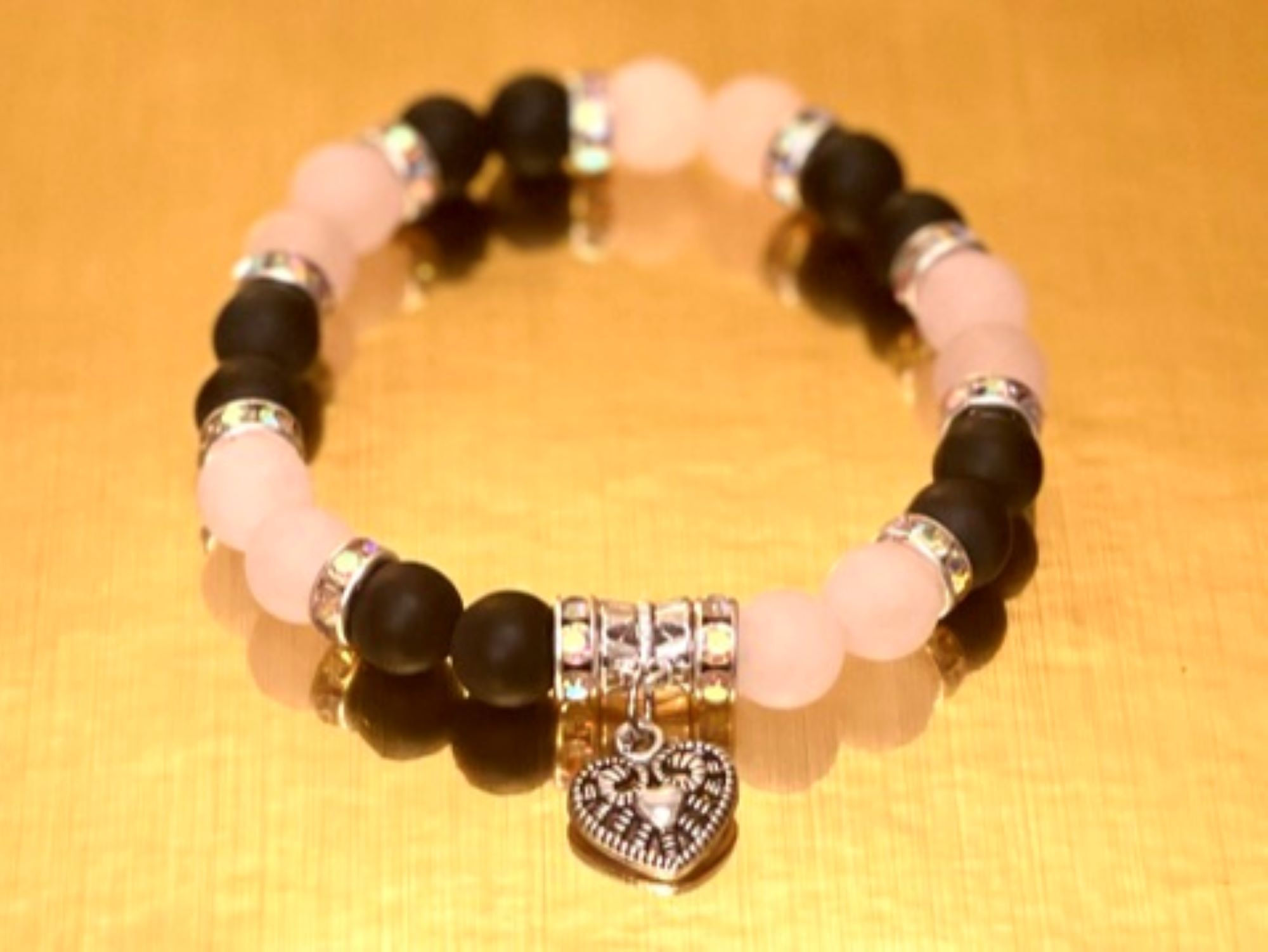 8 mm Matte Black Onyx w/ Rose Quartz Gemstone Beaded Bracelet