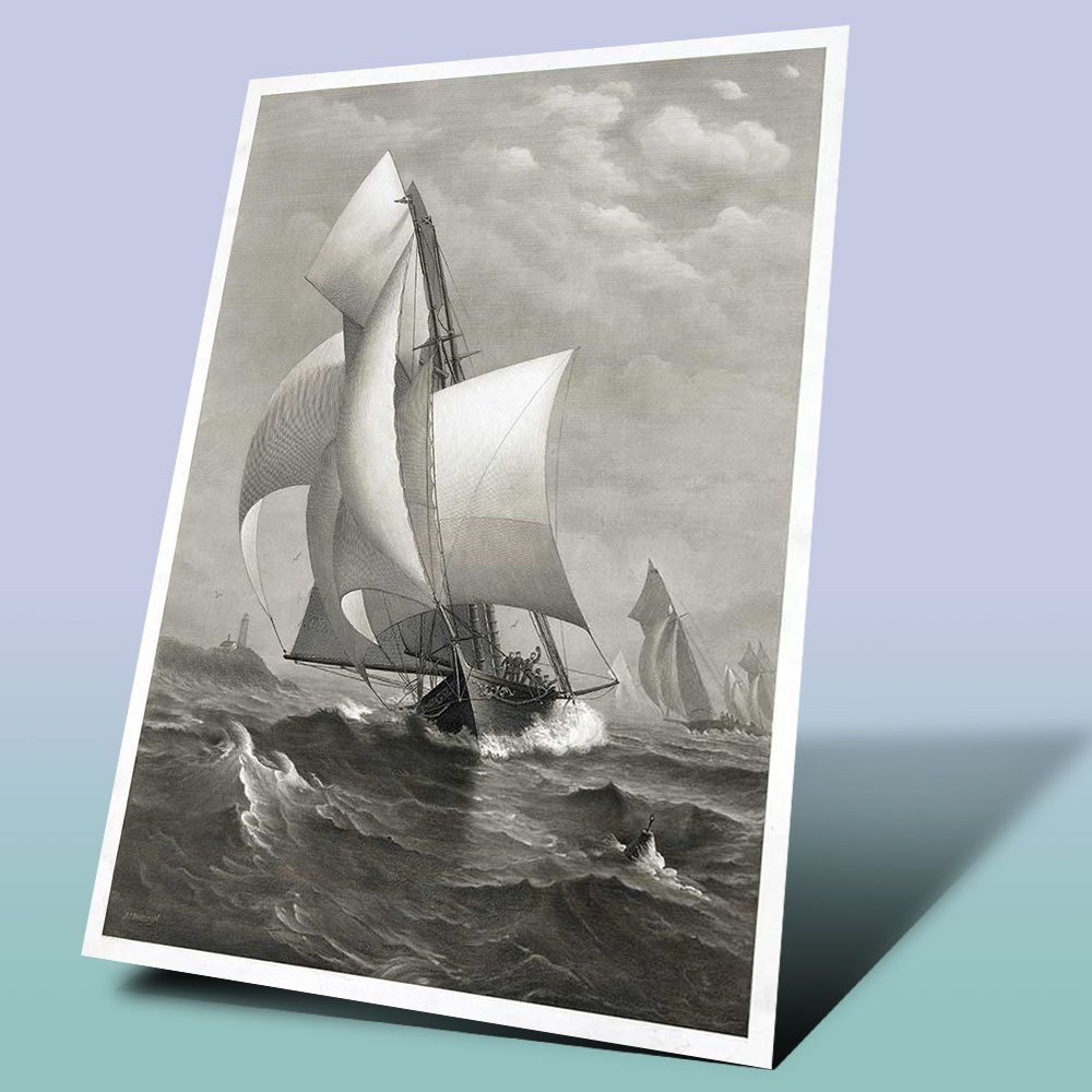 Belíssima reprodução, gravura de veleiro vencendo regata nos USA datada de 1885